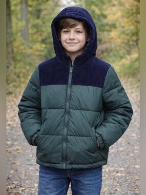 Old Navy Green Puffer Jacket with Navy Corduroy Yoke and Hood Boys XL 14-16